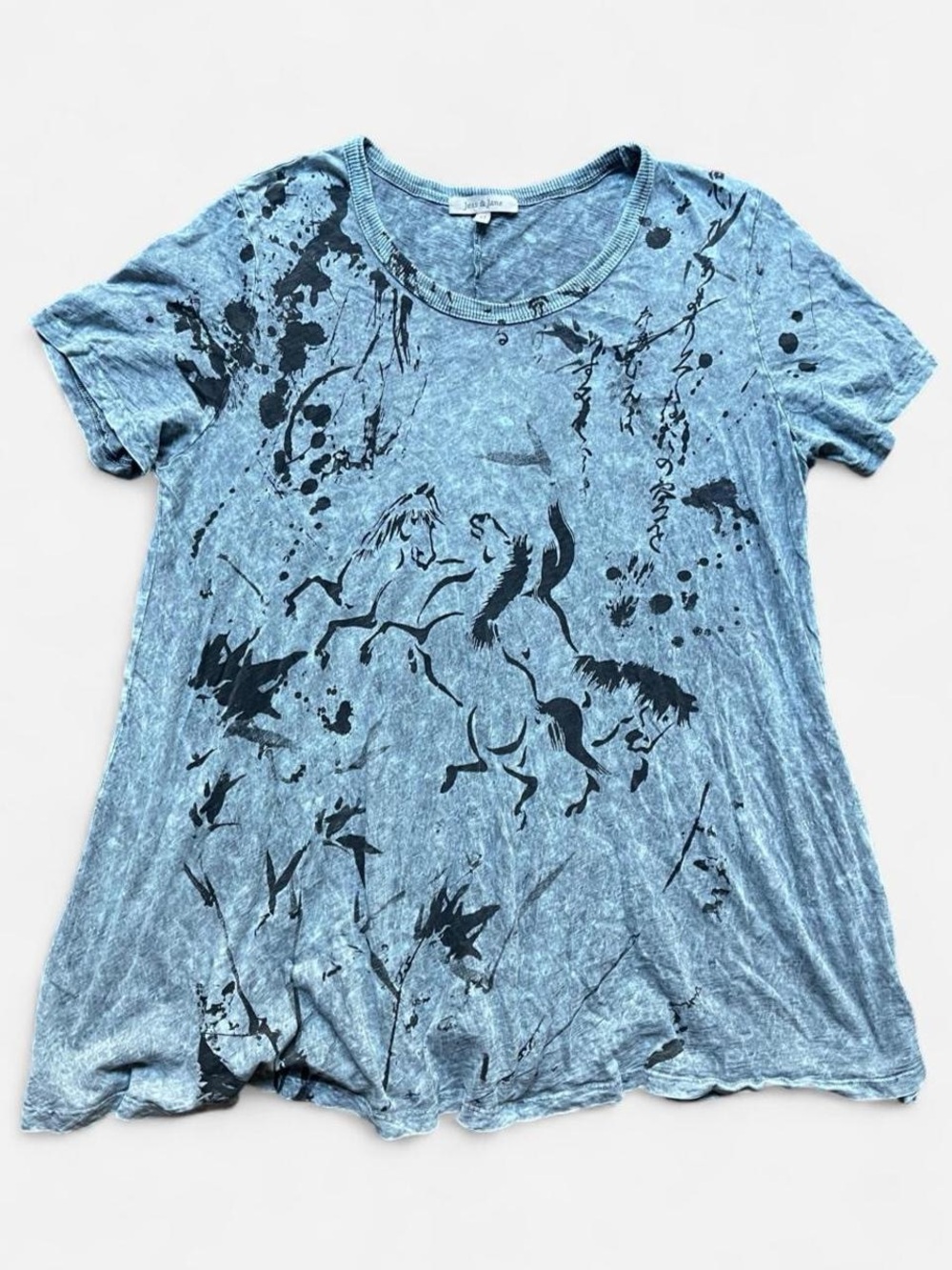 Jess & Jane Mineral Washed Grey Splatter Paint Abstract Horse Tunic Top Sz XL